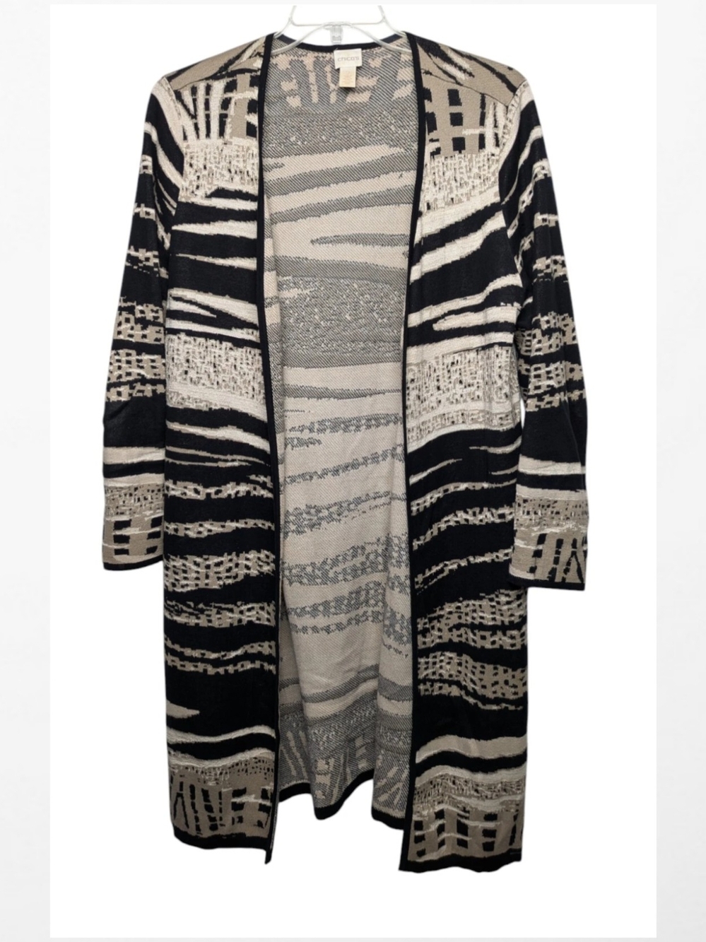 Chicos 2 Open-Front Long Cardigan Sweater Large Black Cream Metallic Patterned